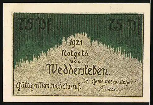 Notgeld Weddersleben, 1921, 75 Pf, Kirche mit Glockenturm und Text in zwei Spalten, grün-goldene Rückseite