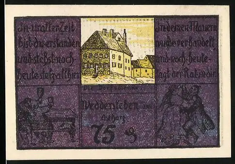 Notgeld Weddersleben 1921, 75 Pf, Gebäudeabbildung und Szenen des Alltagslebens