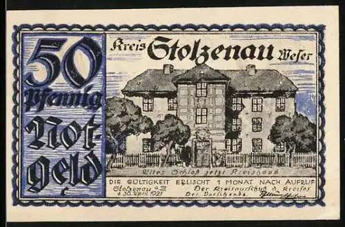 Notgeld Stolzenau 1921, 50 Pfennig, Altes Schloss und Menschen am Tisch