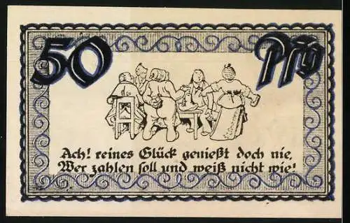 Notgeld Stolzenau 1921, 50 Pfennig, Altes Schloss und Menschen am Tisch