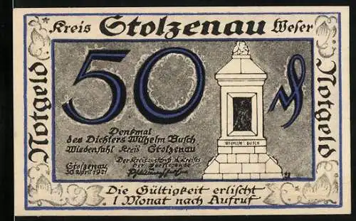 Notgeld Stolzenau 1921, 50 Pfennig, Denkmal des Dichters Wilhelm Busch und Spruch zur Enthaltsamkeit