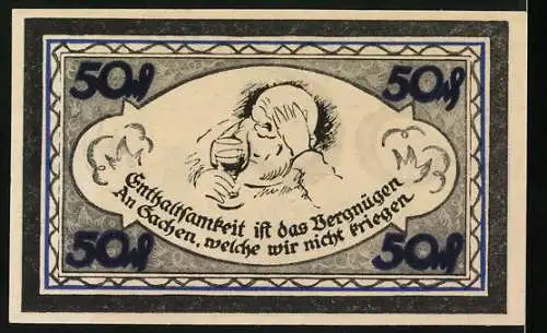 Notgeld Stolzenau 1921, 50 Pfennig, Denkmal des Dichters Wilhelm Busch und Spruch zur Enthaltsamkeit