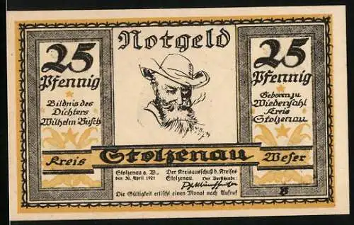 Notgeld Stolzenau, 1921, 25 Pfennig, Bildnis des Dichters Wilhelm Busch, Kreis Stolzenau Weser, Rückseite mit Spruch