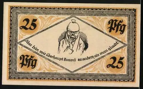 Notgeld Stolzenau, 1921, 25 Pfennig, Bildnis des Dichters Wilhelm Busch, Kreis Stolzenau Weser, Rückseite mit Spruch