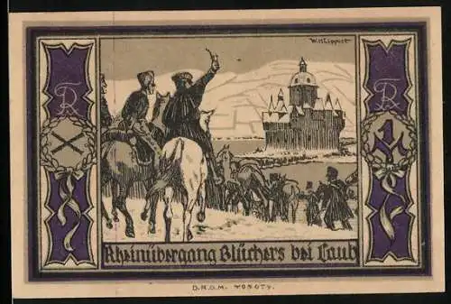 Notgeld Stolp, 1921, 1 Mark, Rheinübergang Blüchers und Porträt von Blücher, Seriennummer 16897