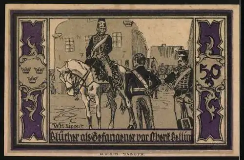 Notgeld Stolp, 1921, 50 Pfennig, Darstellung von Fürst Blücher von Wahlstatt und Szene: Blücher als Gefangener