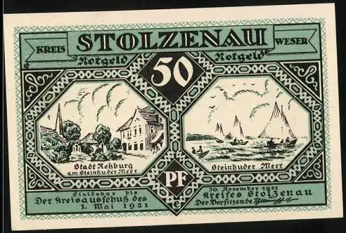 Notgeld Stolzenau, 1921, 50 Pfennig, Stadt Rehburg und Steinhuder Meer, Wilhelm Busch Zitat auf Rückseite