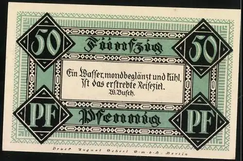 Notgeld Stolzenau, 1921, 50 Pfennig, Stadt Rehburg und Steinhuder Meer, Wilhelm Busch Zitat auf Rückseite