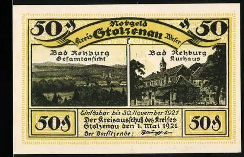 Notgeld Stolzenau 1921, 50 Pfennig, Bad Rehburg Gesamtansicht und Kurhaus, Gedicht von W. Busch