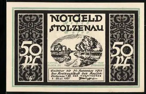 Notgeld Stolzenau 1921, 50 Pfennig, Landschaft und Wilhelm Busch Illustration