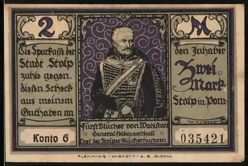 Notgeld Stolp, 1921, 2 Mark, Abbildung von Blücher von Wahlstatt und Marsch nach Waterloo