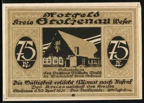 Notgeld Stolzenau 1921, 75 Pfennig, Geburtshaus von Wilhelm Busch und Spruch auf Rückseite