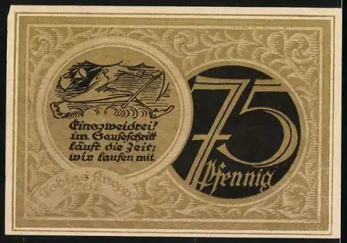 Notgeld Stolzenau 1921, 75 Pfennig, Geburtshaus von Wilhelm Busch und Spruch auf Rückseite