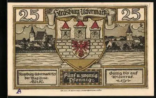 Notgeld Strasburg - Uckermark 1921, 25 Pfennig, Stadtwappen und Rathaus, Gültig bis auf Widerruf