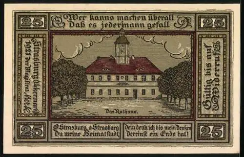 Notgeld Strasburg - Uckermark 1921, 25 Pfennig, Stadtwappen und Rathaus, Gültig bis auf Widerruf