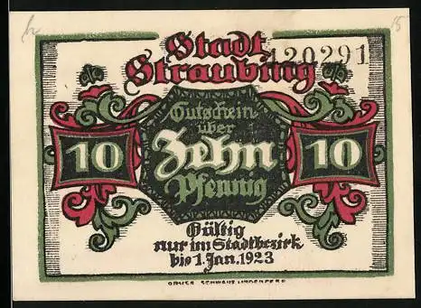Notgeld Straubing 1923, 10 Pfennig, Gutschein über Zehn Pfennig, gültig im Stadtkreis bis 1. Jan. 1923