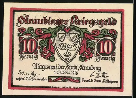 Notgeld Straubing 1923, 10 Pfennig, Gutschein über Zehn Pfennig, gültig im Stadtkreis bis 1. Jan. 1923