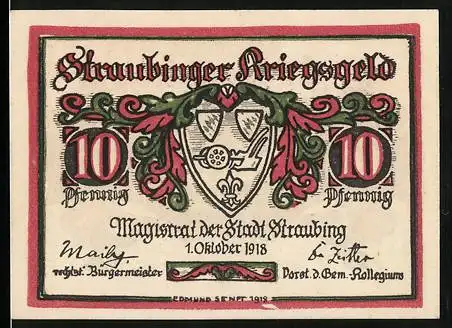 Notgeld Straubing 1918, 10 Pfennig, Straubinger Kriegsgeld, Magistrat der Stadt Straubing, gültig bis 1. Jan. 1922