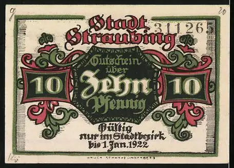 Notgeld Straubing 1918, 10 Pfennig, Straubinger Kriegsgeld, Magistrat der Stadt Straubing, gültig bis 1. Jan. 1922