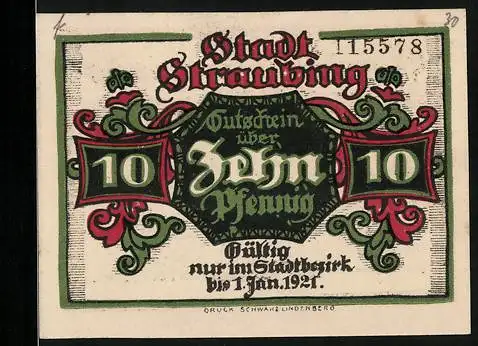 Notgeld Straubing, 1918, 10 Pfennig, Gültig nur im Stadtbezirk bis 1. Jan. 1921, Straubinger Kriegsgeld