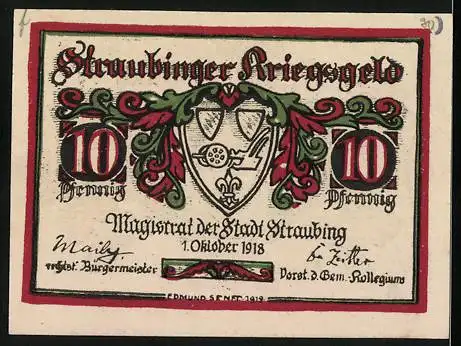 Notgeld Straubing, 1918, 10 Pfennig, Gültig nur im Stadtbezirk bis 1. Jan. 1921, Straubinger Kriegsgeld