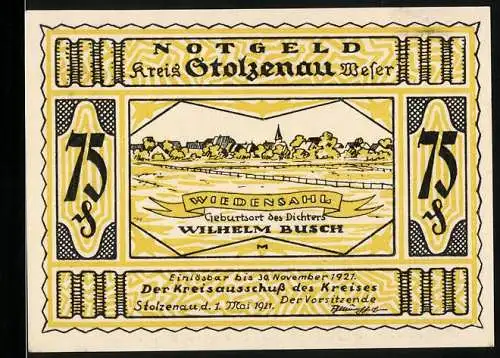 Notgeld Stolzenau 1921, 75 Pfennig, Wiedenesahl, Geburtstort des Dichters Wilhelm Busch