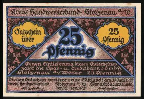 Notgeld Stolzenau, 1921, 25 Pfennig, Kreis Handwerkerbund, Handwerk hat goldenen Boden