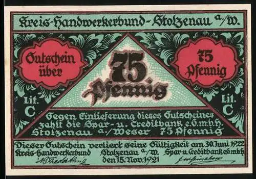 Notgeld Stolzenau 1921, 75 Pfennig, Kreis-Handwerkerbund mit Handwerker und Wappen