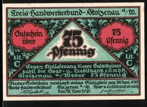 Notgeld Stolzenau 1921, 75 Pfennig, Kreis-Handwerkerbund und Handwerk hat goldenen Boden