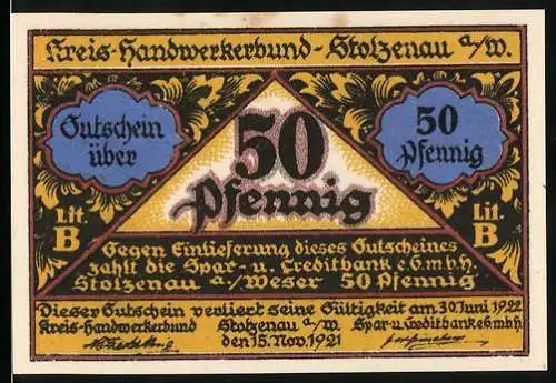 Notgeld Stolzenau 1921, 50 Pfennig, Gutschein des Kreis-Handwerkerbunds mit Handwerksmotiven