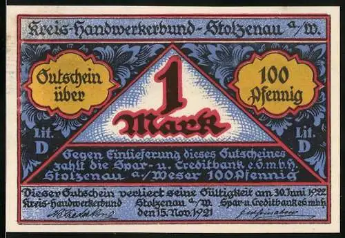 Notgeld Stolzenau 1921, 1 Mark, Kreis-Handwerkerbund, Handwerk hat goldenen Boden