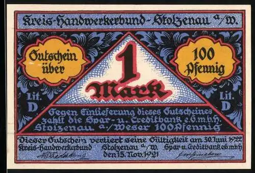 Notgeld Stolzenau 1921, 1 Mark, Handwerker bei der Arbeit, Wappen mit Werkzeugen und Zitat Handwerk hat goldenen Boden