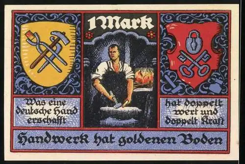 Notgeld Stolzenau 1921, 1 Mark, Handwerker bei der Arbeit, Wappen mit Werkzeugen und Zitat Handwerk hat goldenen Boden