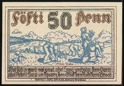 Notgeld Wandsbek Kreis Stormarn 1920, 50 Pfennig, Arbeitende Bauern auf einem Feld