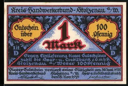 Notgeld Stolzenau 1921, 1 Mark, Kreis-Handwerkerbund und Bauarbeiten, Handwerk hat goldenen Boden