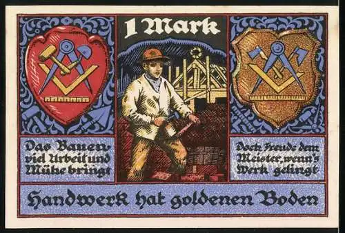 Notgeld Stolzenau 1921, 1 Mark, Kreis-Handwerkerbund und Bauarbeiten, Handwerk hat goldenen Boden