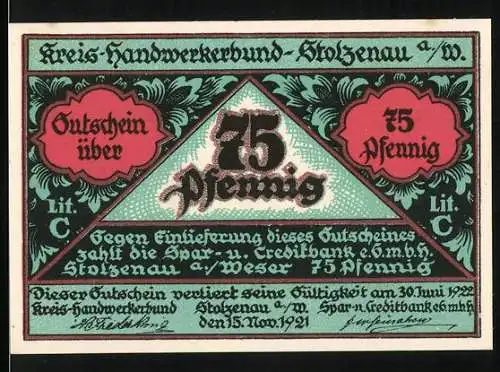 Notgeld Stolzenau 1921, 75 Pfennig, Kreis-Handwerkerbund Gutschein über Handwerksszene und Wappen