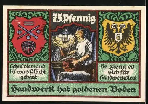 Notgeld Stolzenau 1921, 75 Pfennig, Kreis-Handwerkerbund Gutschein über Handwerksszene und Wappen