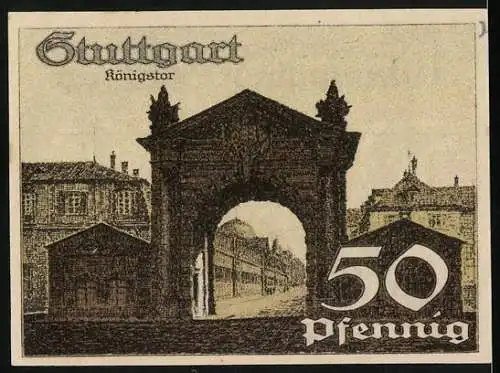 Notgeld Stuttgart 1921, 50 Pfennig, Pferd und Königstor Abbildung, gültig bis 31. März 1922