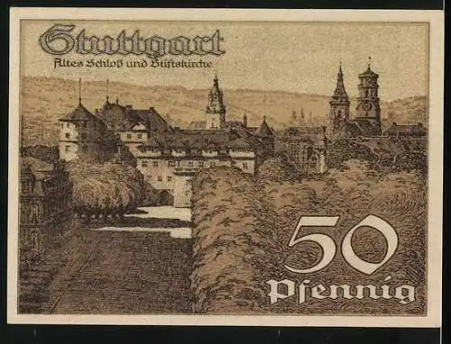 Notgeld Stuttgart 1921, 50 Pfennig, Springendes Pferd und Altes Schloss mit Stiftskirche