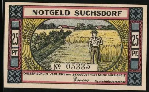 Notgeld Suchsdorf, 1921, 25 Pf, Bauer bei Ernte und patriotische Szene mit Fahnen