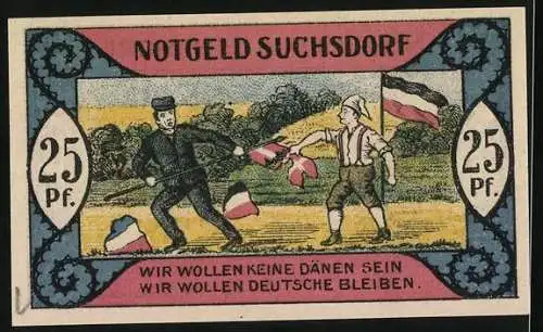 Notgeld Suchsdorf, 1921, 25 Pf, Bauer bei Ernte und patriotische Szene mit Fahnen