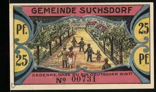 Notgeld Suchsdorf, 1921, 25 Pf, Gemeindewappen und Spaziergänger, Adler und Wappen