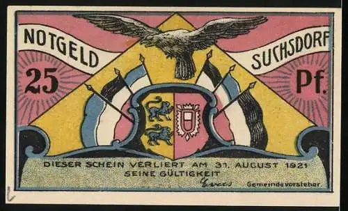 Notgeld Suchsdorf, 1921, 25 Pf, Gemeindewappen und Spaziergänger, Adler und Wappen