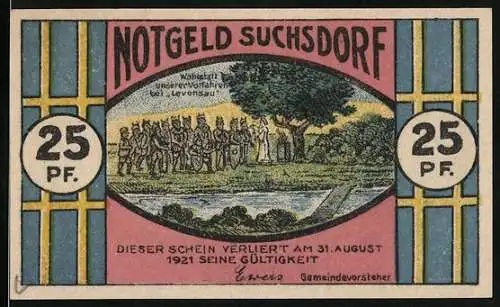 Notgeld Suchsdorf, 1921, 25 Pf, Vorderseite zeigt eine Gruppe Menschen unter einem Baum, Rückseite zeigt eine Windmühl