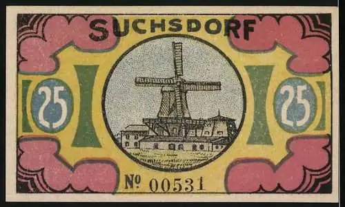 Notgeld Suchsdorf, 1921, 25 Pf, Vorderseite zeigt eine Gruppe Menschen unter einem Baum, Rückseite zeigt eine Windmühl