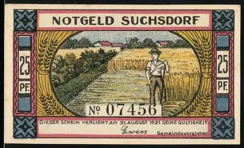 Notgeld Suchsdorf, 1921, 25 Pf, Bauer im Feld und Szene mit deutschen Fahnen und Text: Wir wollen deutsche bleiben