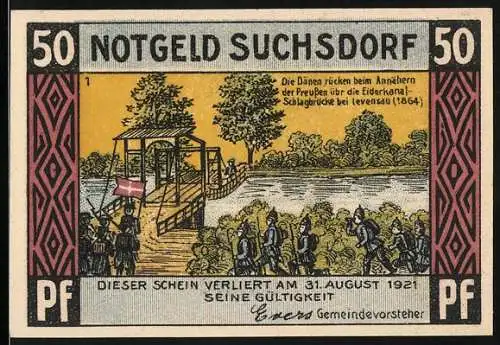 Notgeld Suchsdorf, 1921, 50 Pf, Dänen rücken beim Eiderkanal vor, Motiv mit Brücke und Soldaten