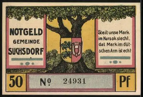 Notgeld Suchsdorf, 1921, 50 Pf, Dänen rücken beim Eiderkanal vor, Motiv mit Brücke und Soldaten