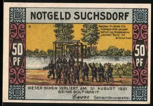 Notgeld Suchsdorf, 1921, 50 Pf, Schlagbrücke und Dorfteich, No. 07906